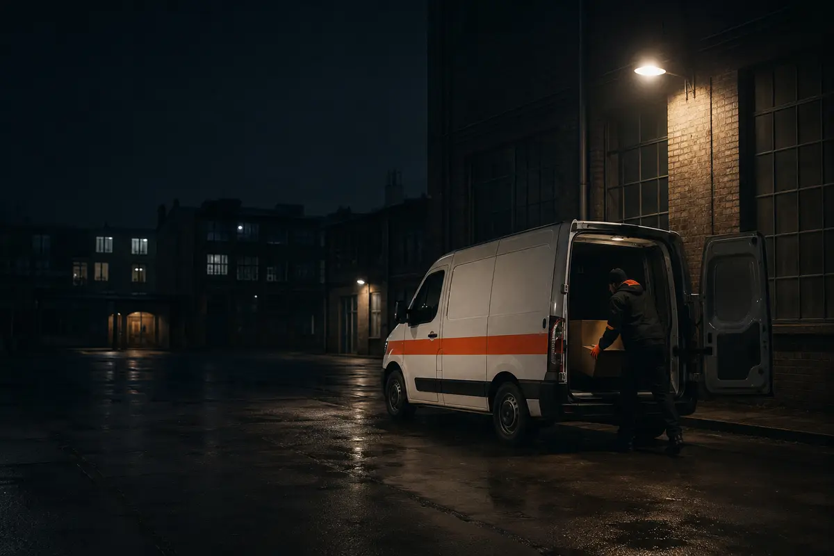 KI-generiertes Symbolbild: Weißer Transporter mit orangefarbenem Streifen beim Beladen in einem Berliner Gewerbehof