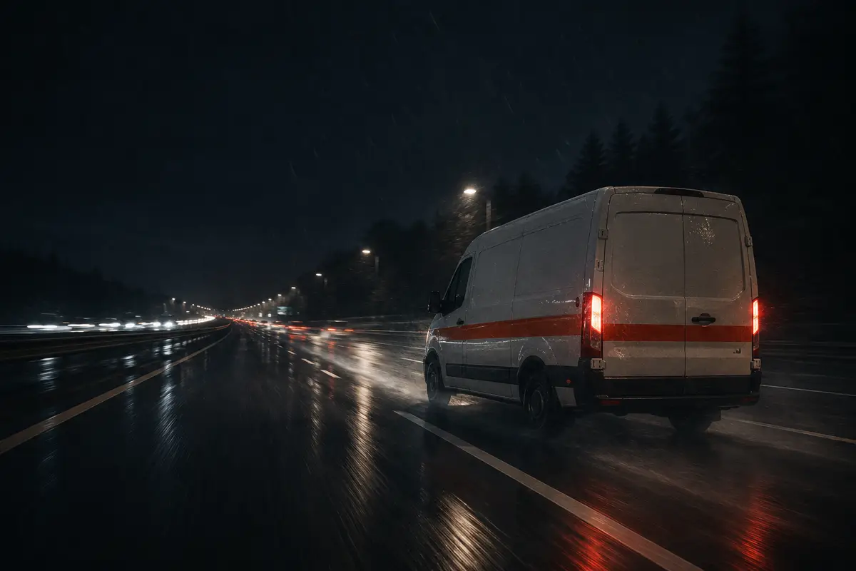 KI-generiertes Symbolbild: Transporter bei Nacht auf einer Autobahn mit Lichtspuren